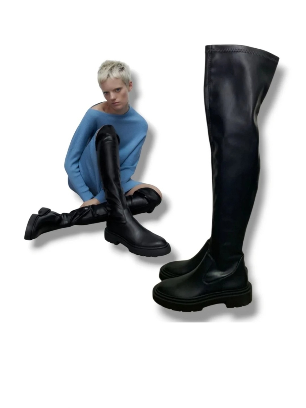 Zara Black Over The Knee Flat Boots Chunky Lug Sole Stretch Thigh High 37 (6.5)